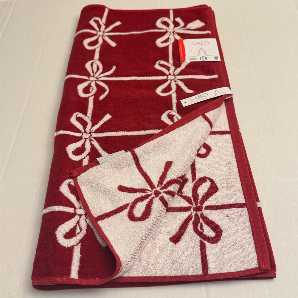 3pc CARO HOME Reversible Christmas Bows Bath Towel Set - 100% Cotton - Red/White